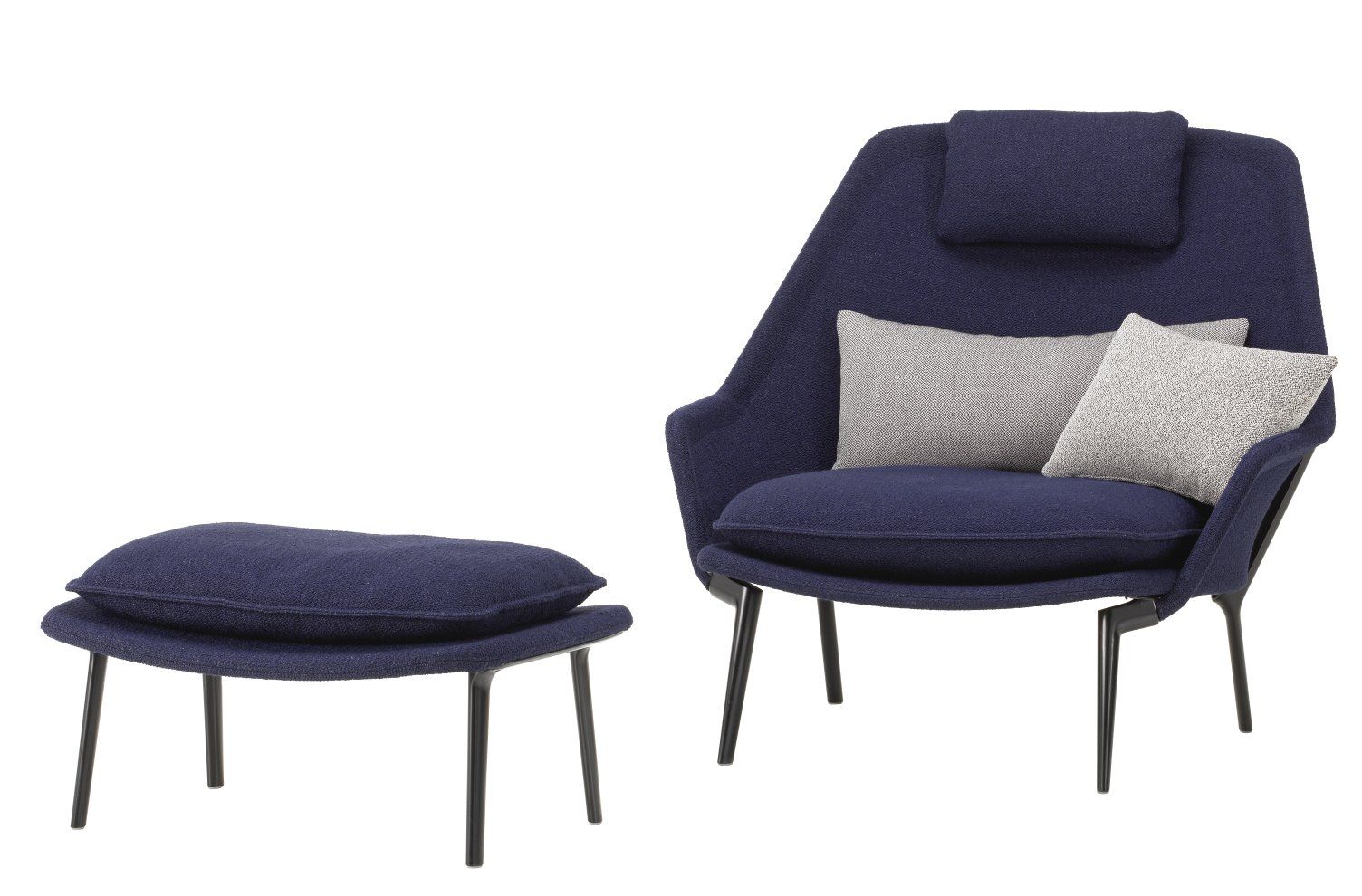 Vitra Slow Chair Sessel mit Ottoman in blauem Stoff und schwarzen Beinen.