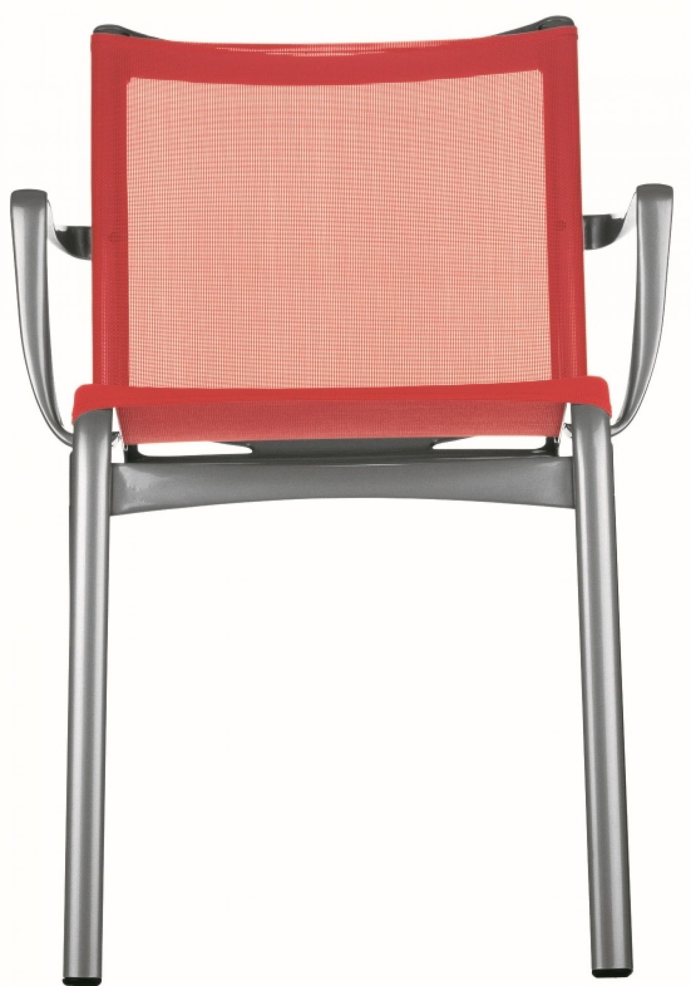 Highframe Stuhl mit Armlehne: Roter Outdoor-Stuhl mit silberfarbenem Gestell und atmungsaktivem Netzgewebe.