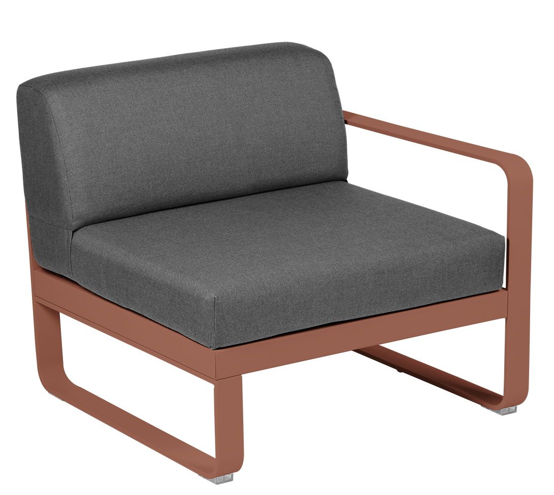 Bellevie Outdoor Sofa 1-Sitzer Modul rechts von Fermob, modernes Design mit anthrazitfarbenen Polstern und kupferfarbenem Gestell.