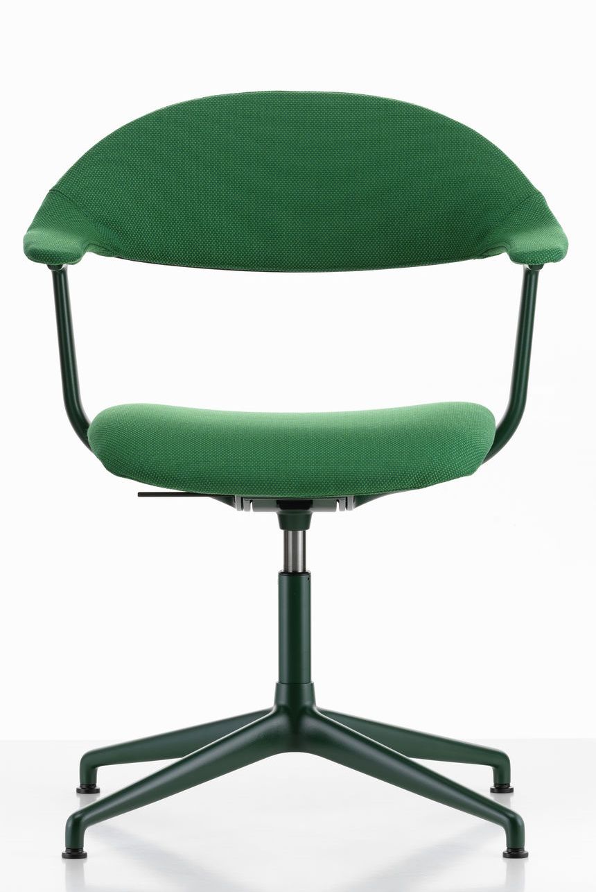 Mynt Bürodrehstuhl von Vitra, grüne Stoffpolsterung, ergonomischer Schreibtischstuhl mit Armlehnen und fünfarmigem Fußkreuz.