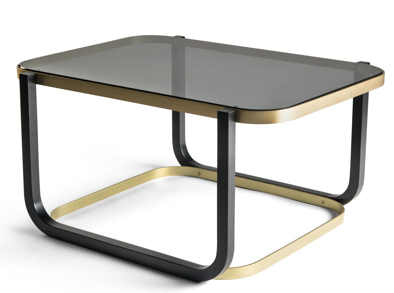 Duet B Couchtisch von Wiener GTV Design mit Glasplatte und Gestell aus gebogenem Holz.