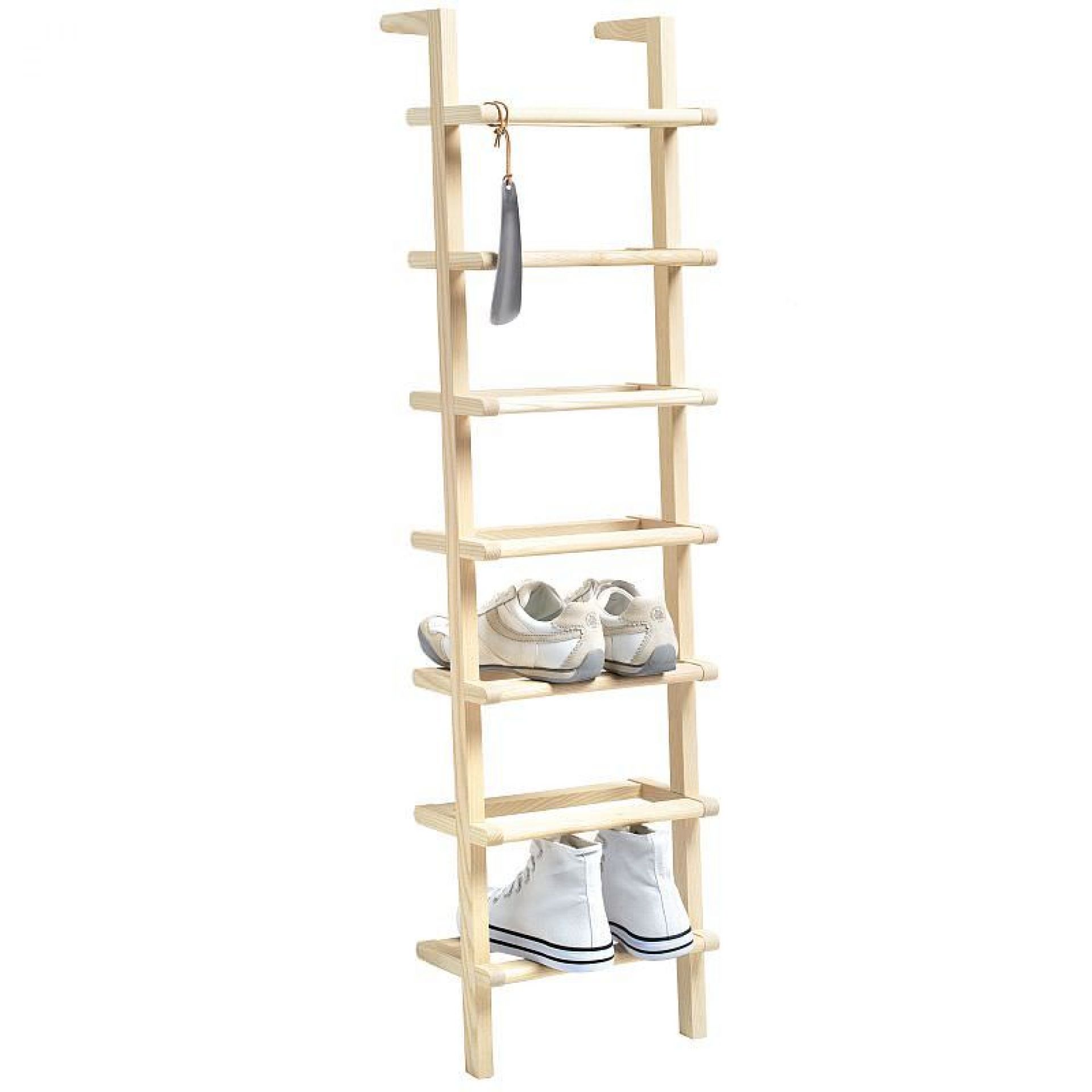 Lady Long Schuhregal: Holzregal im Leiterdesign mit Schuhen und Schuhlöffel. Perfekt für Schuhaufbewahrung.