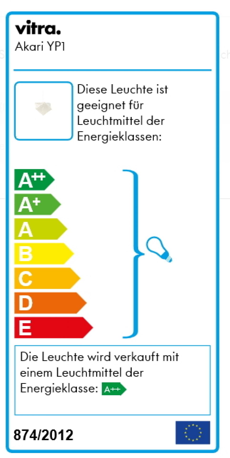 Energieeffizienzlabel der Akari YP1 Pendelleuchte von Vitra mit Energieklassen von A++ bis E.