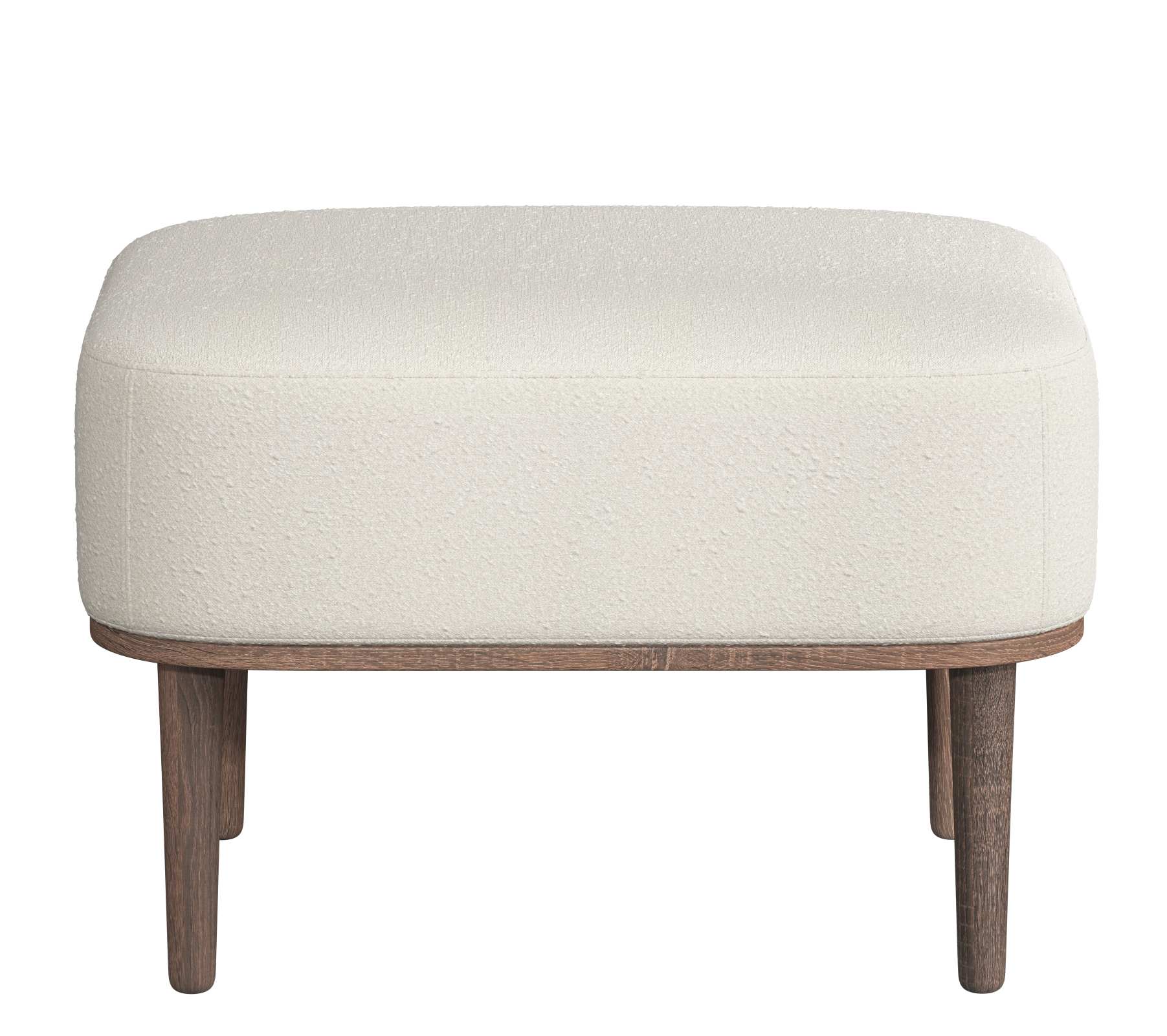 Serena Pouf Ottoman mit weißem Nubbio-Bezug und dunkel gebeizten Eichenholzbeinen. Fußhocker für Wohnzimmer.