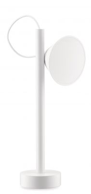 Weiße Tsumiki Akku Leuchte von Alessi: Moderne, tragbare Tischleuchte mit zylindrischem Fuß und rundem Lampenkopf.