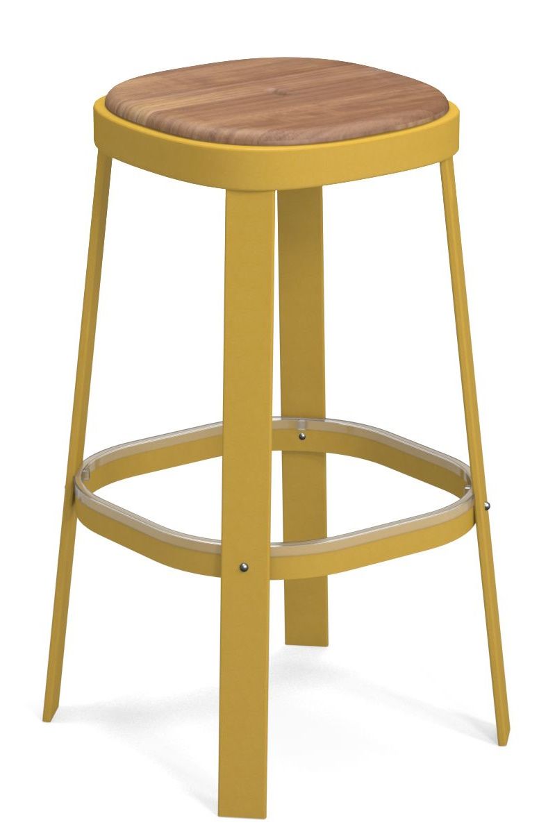 Thor Barstool Barhocker von Emu für den Außenbereich, gelbes Metallgestell und Holzsitzfläche.