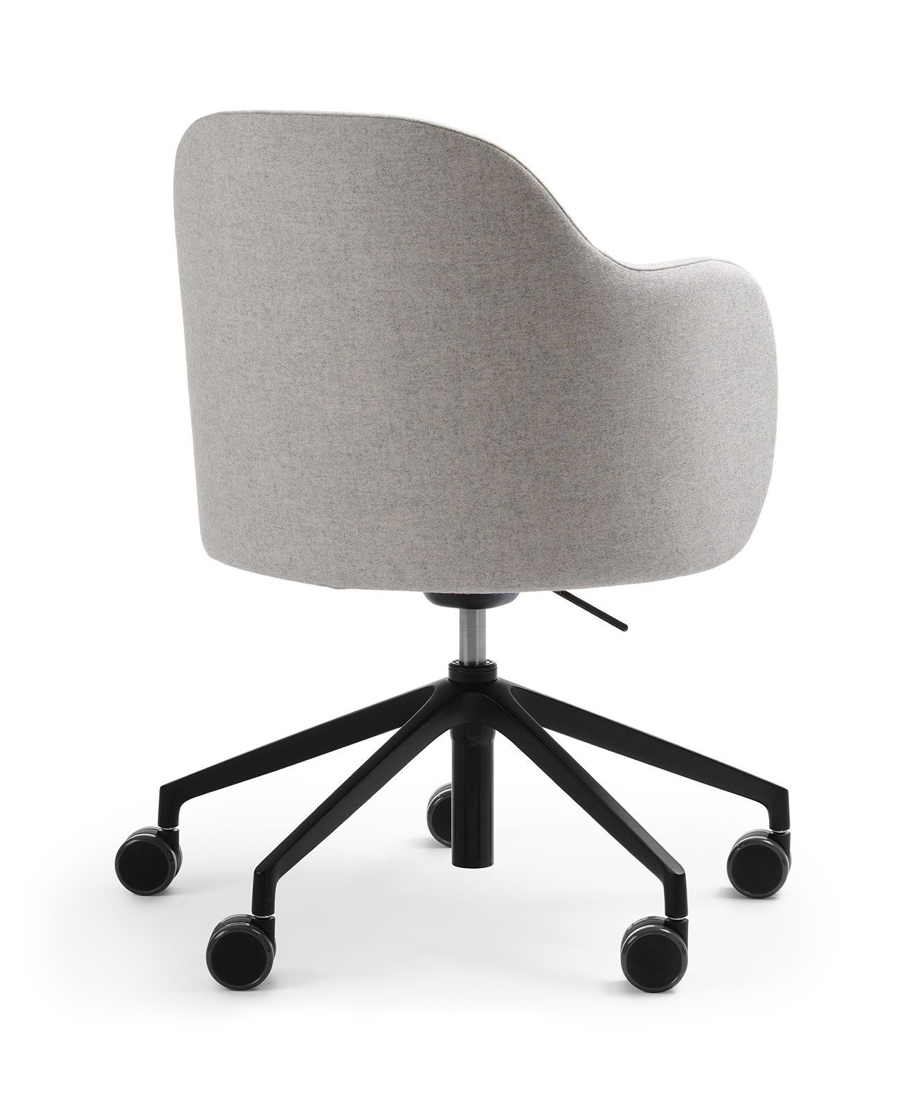 flos FS KP 5R Bürostuhl, Drehstuhl mit grauem Stoffbezug und schwarzem Fußkreuz mit Rollen.