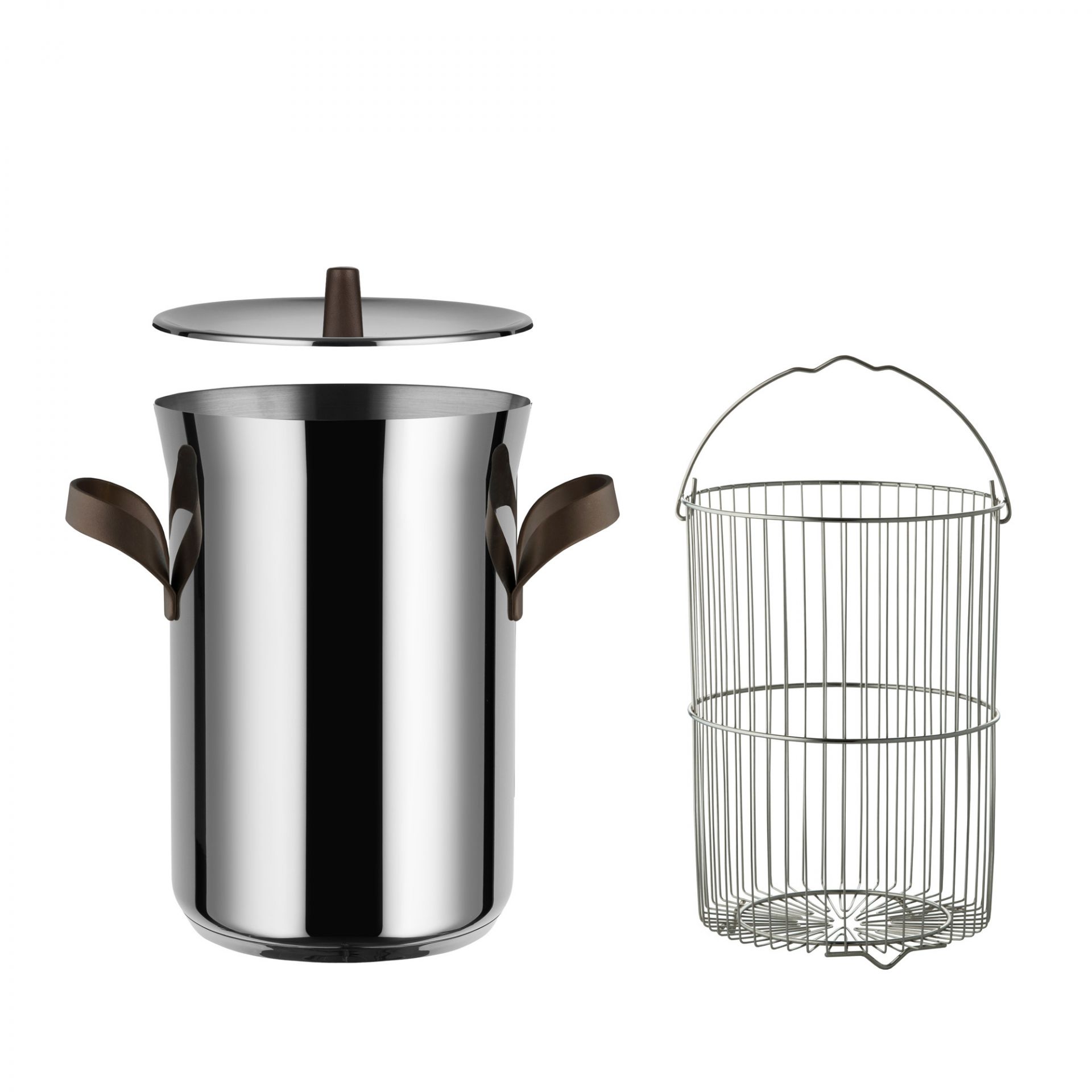 Alessi Edo Spargeltopf mit Korb und Deckel aus Edelstahl für schonendes Spargel kochen.