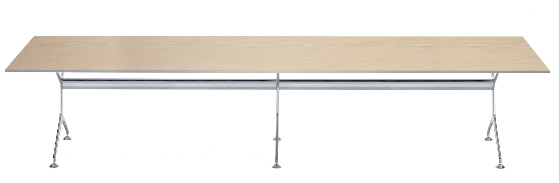 Frametable Tisch Alias mit heller Holzplatte und verchromtem Stahlgestell, modernes Design für Büro und Konferenz.