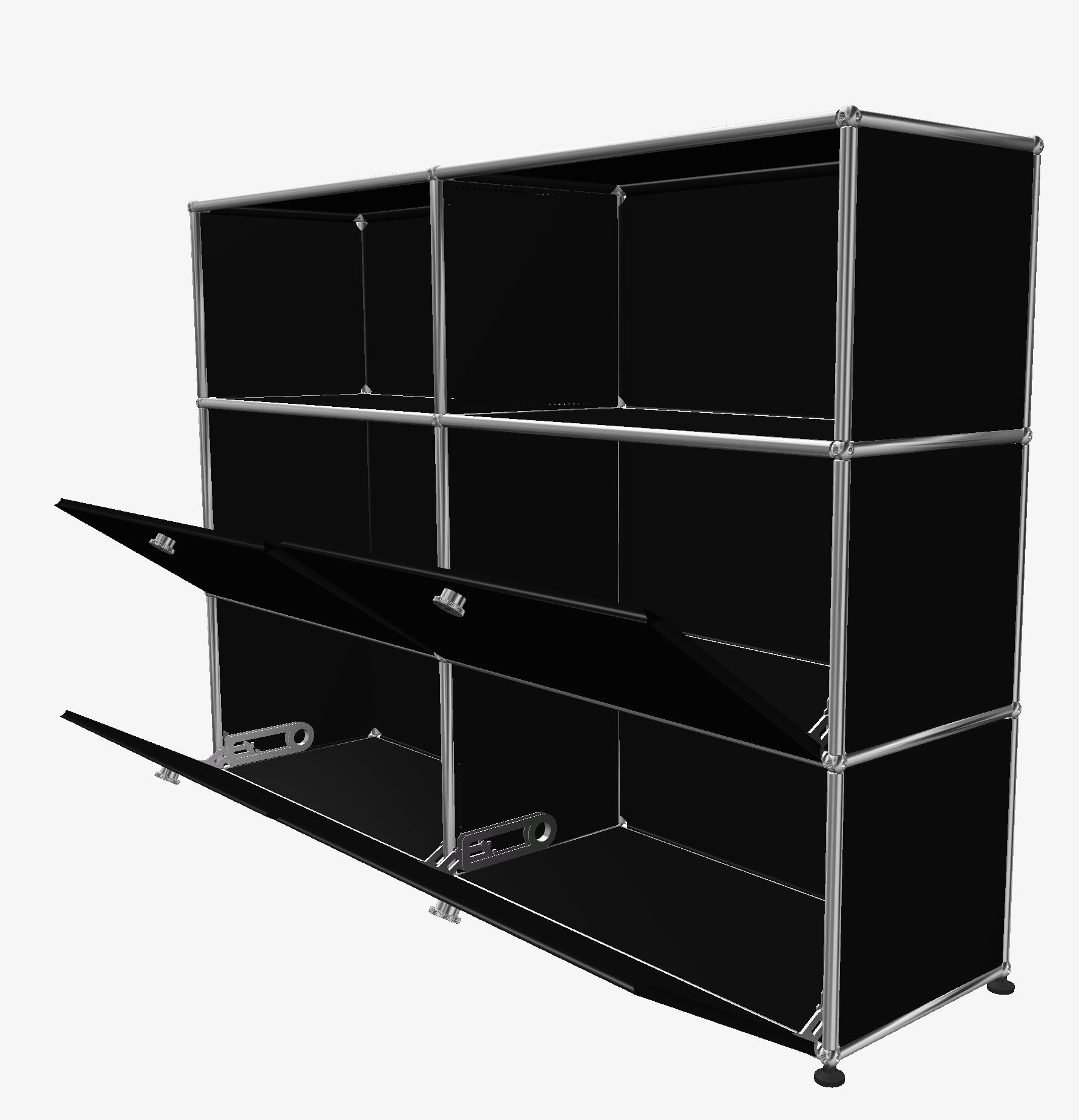 USM Haller Highboard in Graphitschwarz mit vier Klappen und zwei offenen Fächern, modernes Designmöbel.