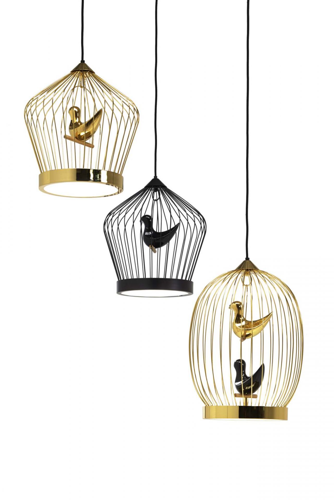 Drei Twee T. Hängeleuchten von Casamania Horm in Gold und Schwarz mit Vogelkäfig-Design.