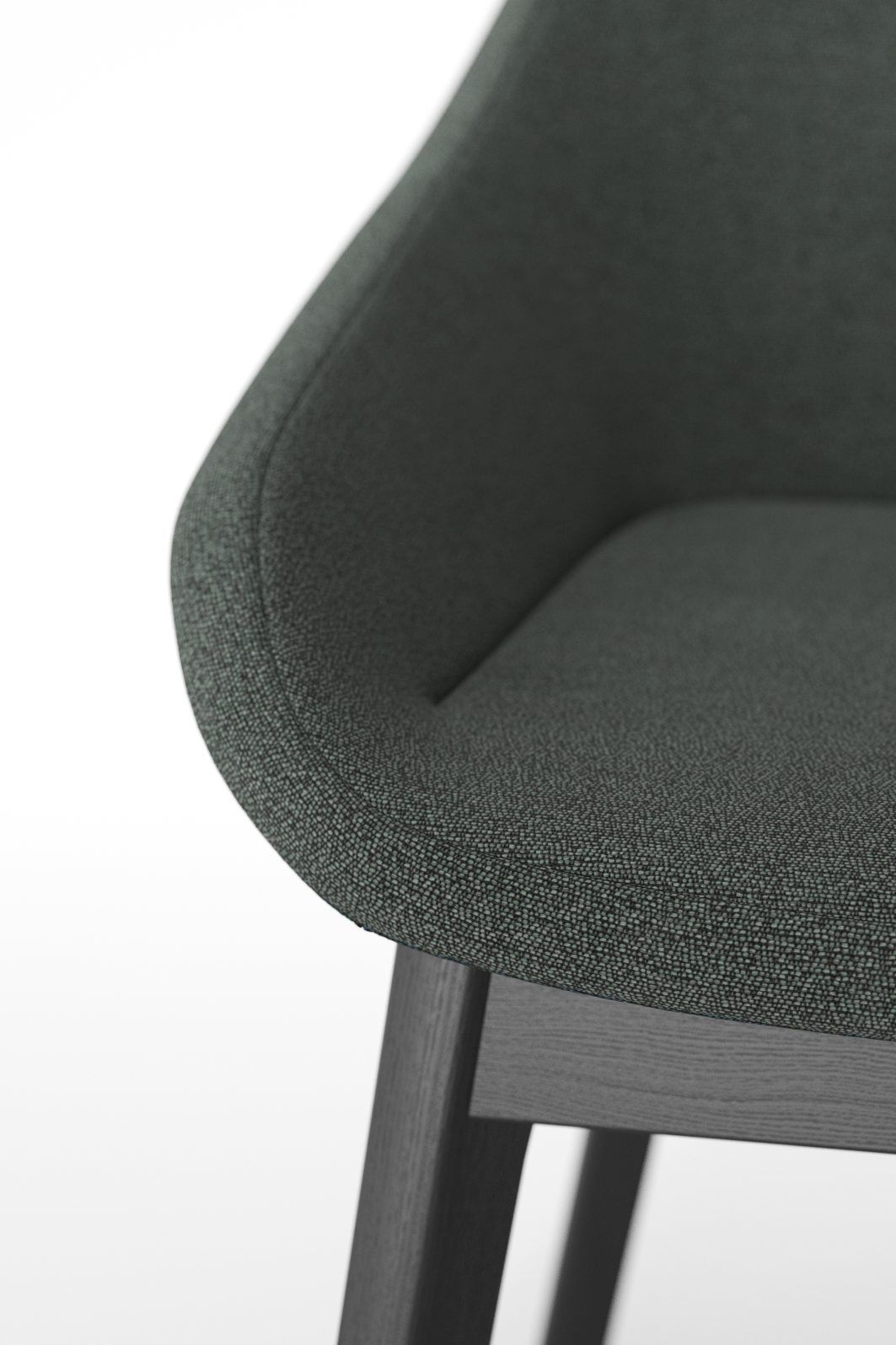 Detailaufnahme des Morph Dining Chair Stuhls mit anthrazitfarbenem Stoffbezug und dunklem Holzgestell.