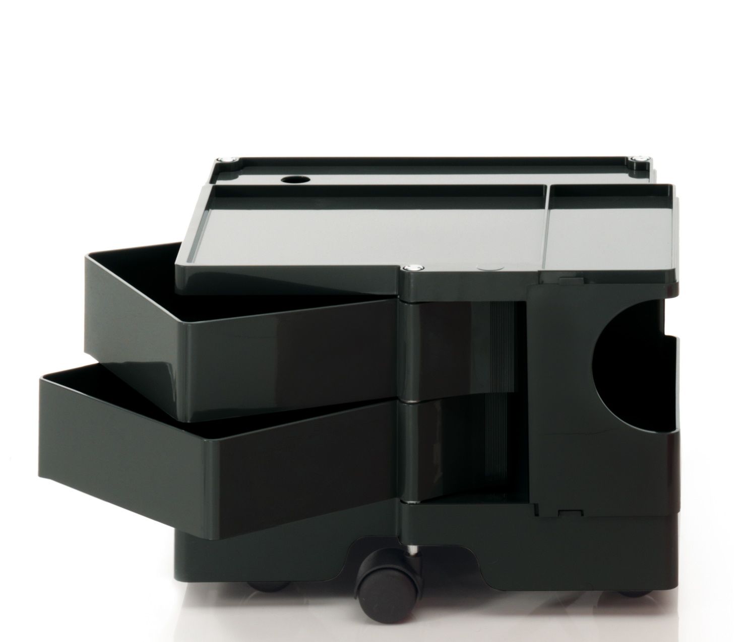 Schwarzer Boby B12 Rollcontainer von B-Line mit Schubladen und Ablageflächen auf Rollen.