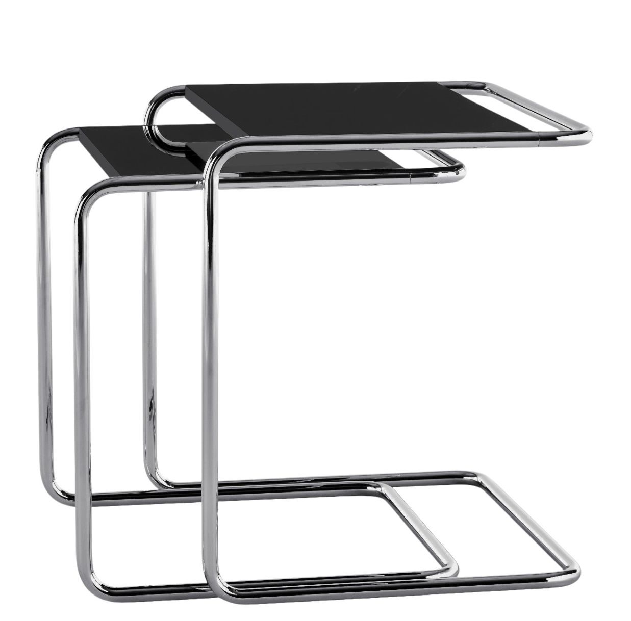 Zwei JS. Thonet B97 Beistelltische mit schwarzer Platte und verchromtem Stahlrohrgestell. Moderner Designklassiker.