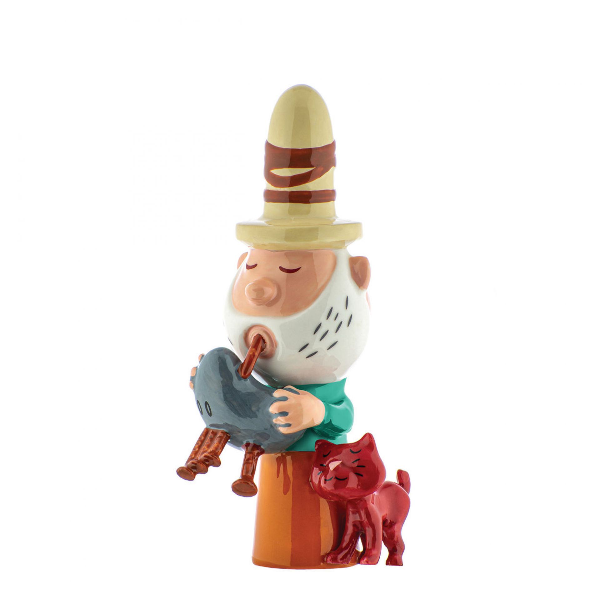 Alessi Happy Eternity Baby Figur: Spielender Mann mit Dudelsack und roter Katze.