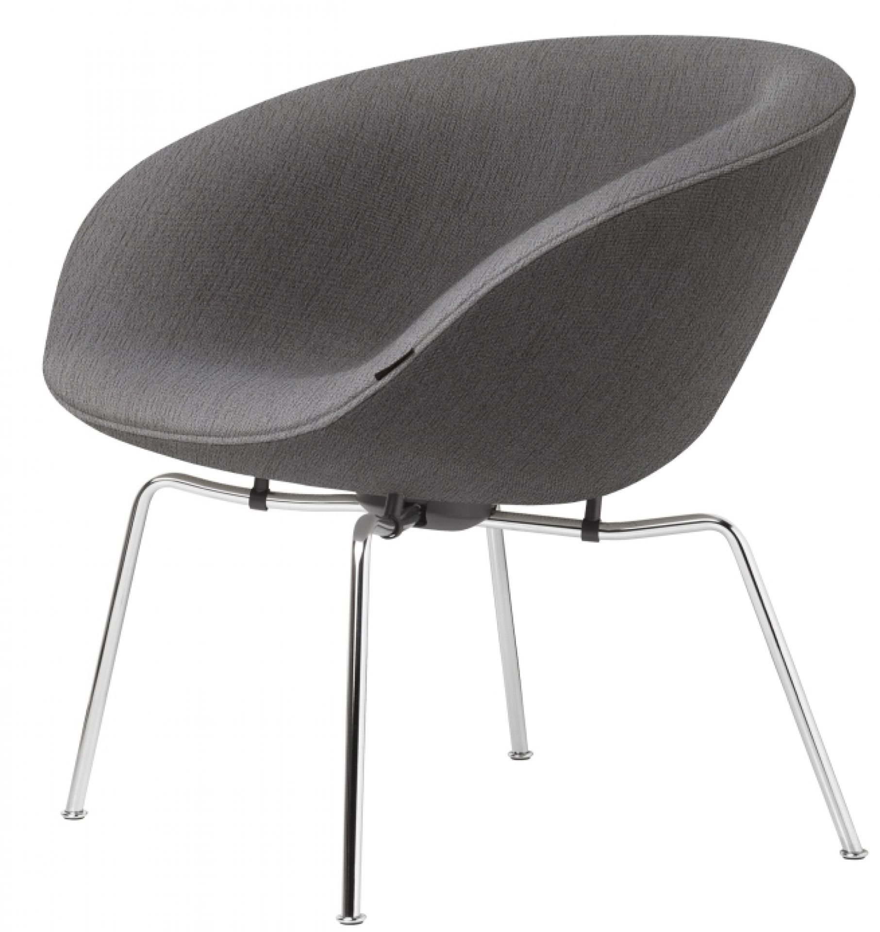 Grauer Fritz Hansen Pot Sessel mit Stoffbezug und verchromtem Vierfußgestell, modernes Design für Wohnzimmer und Büro.