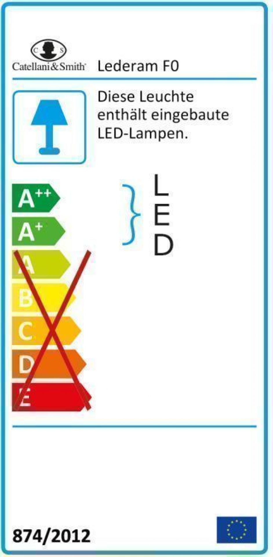 Energieeffizienzlabel der Catellani & Smith Lederam F0 Stehleuchte mit integrierten LED-Lampen.
