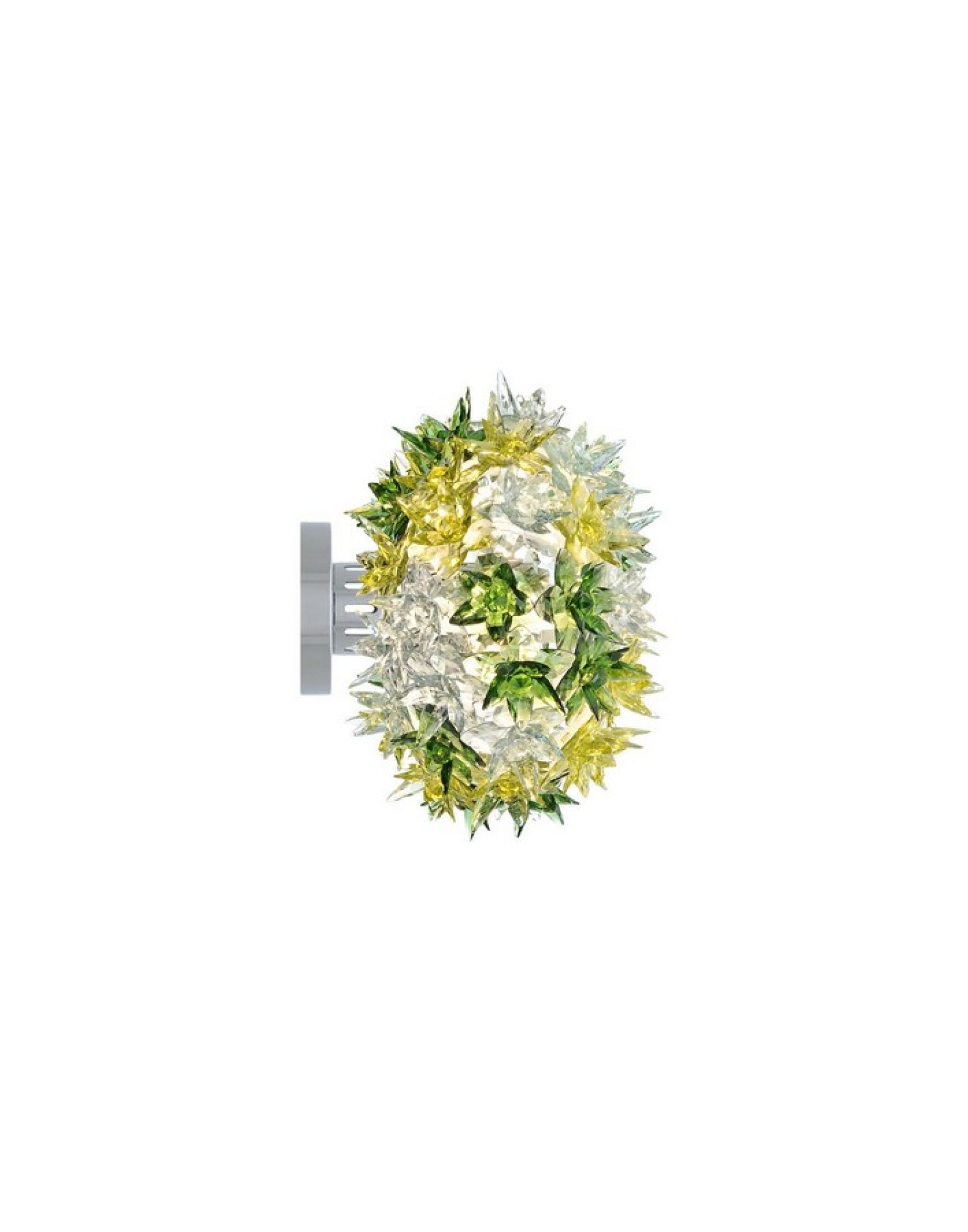 Kartell Bloom Wandleuchte mit grünen, gelben und transparenten Blütenblättern an einer Wandhalterung.