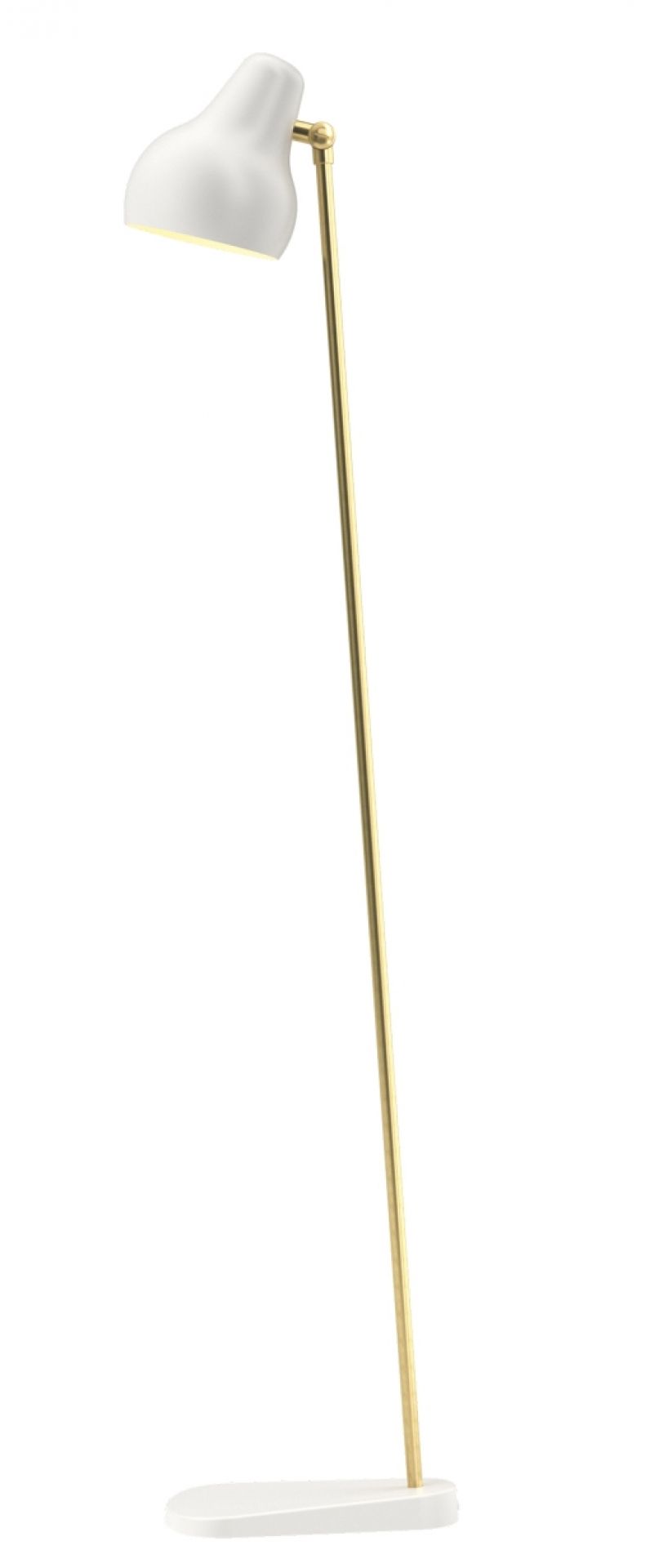 Weiße VL38 Stehleuchte von Louis Poulsen mit goldenem Gestell und Lampenschirm für Wohnzimmer und Büro.