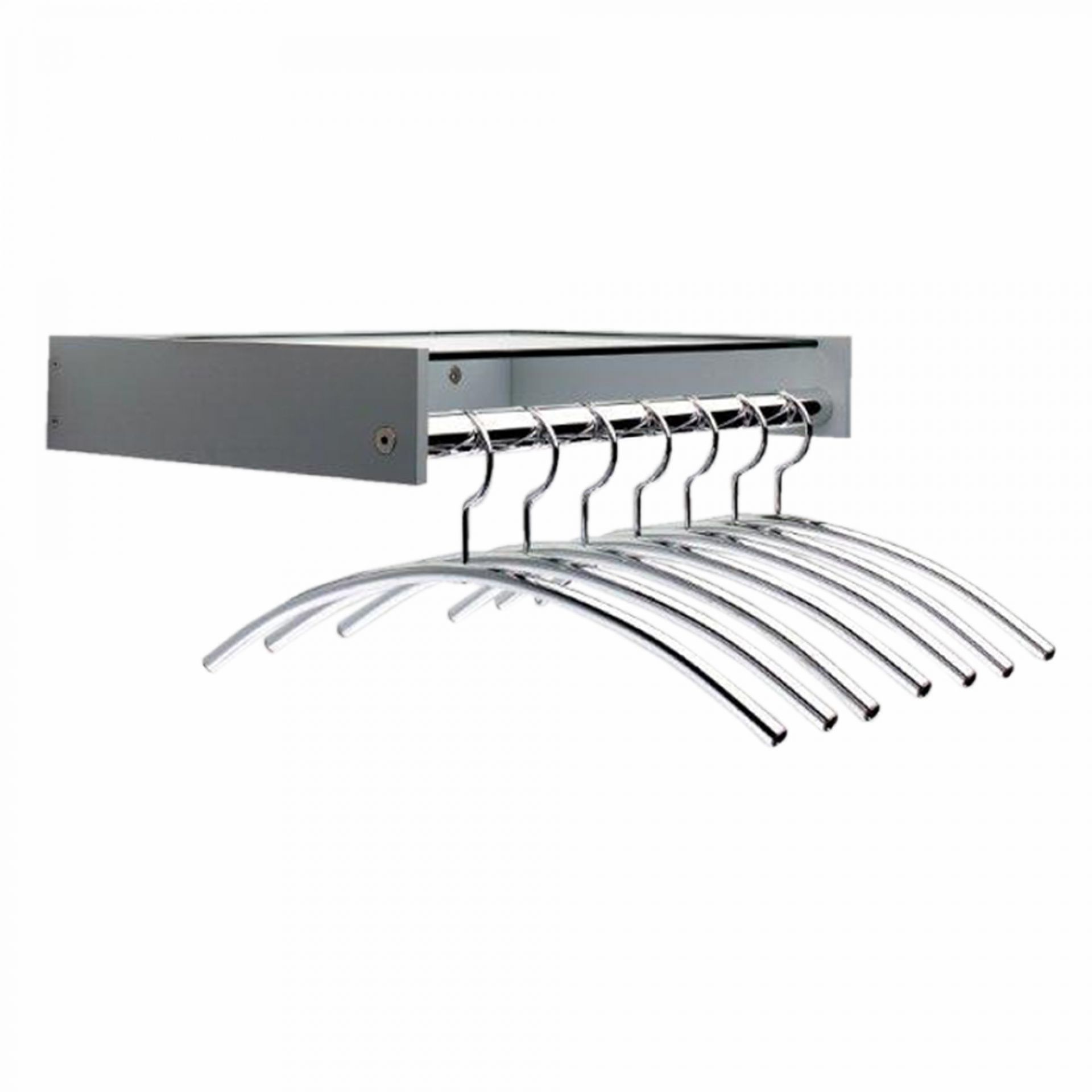 Cascando Hangon Wandgarderobe mit sieben silbernen Kleiderbügeln unter einer grauen Halterung. Moderne Garderobenlösung.