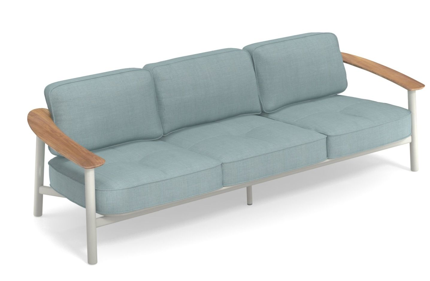 Twins Sofa Outdoor Emu: Dreisitzer Gartensofa mit hellblauem Stoffbezug, Holzarmlehnen und weißem Metallgestell.