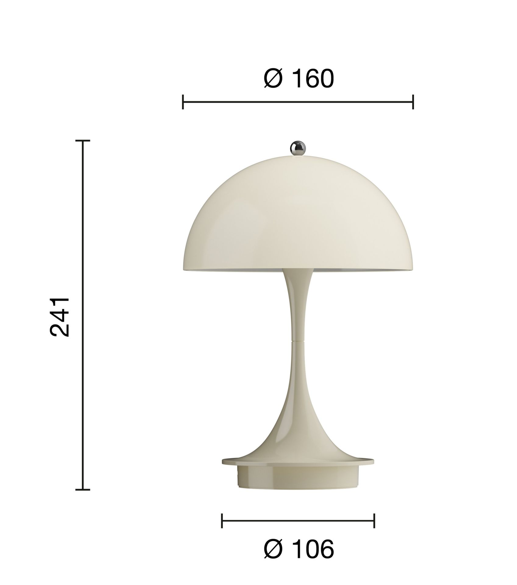 Panthella Portable Tischleuchte in Beige mit Maßen für Indoor und Outdoor Nutzung.