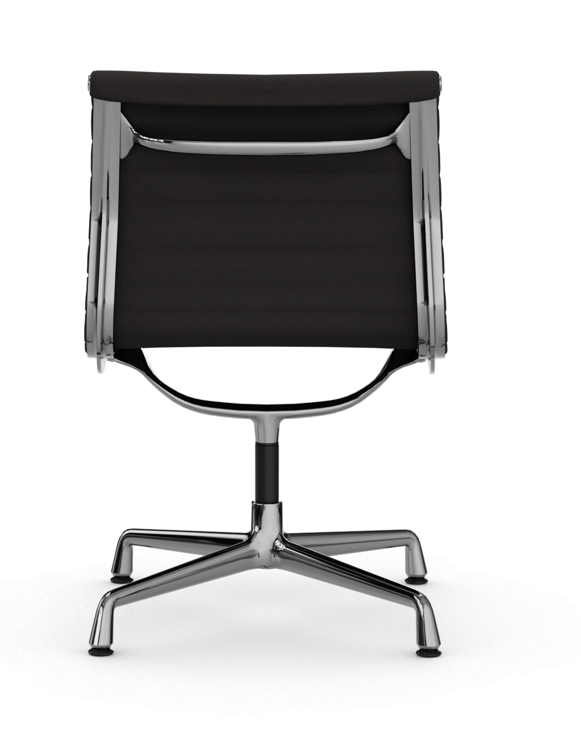 Rückansicht des Vitra Aluminium Chair EA 105 Stuhls mit schwarzem Bezug und poliertem Aluminiumgestell.