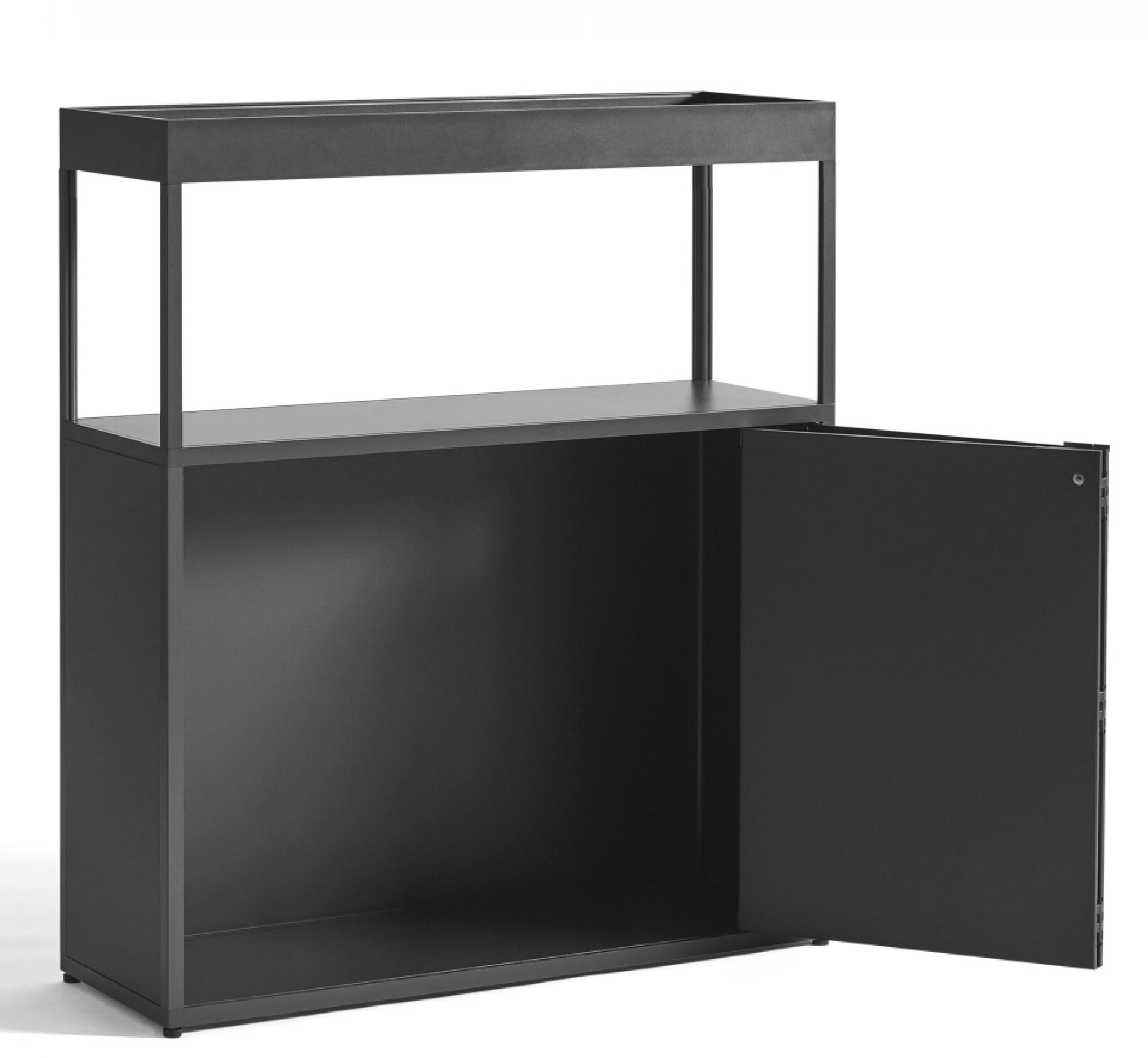 Schwarzes New Order Sideboard von Hay, Kombination 204 mit offener Tür, Regalsystem und Stauraum.