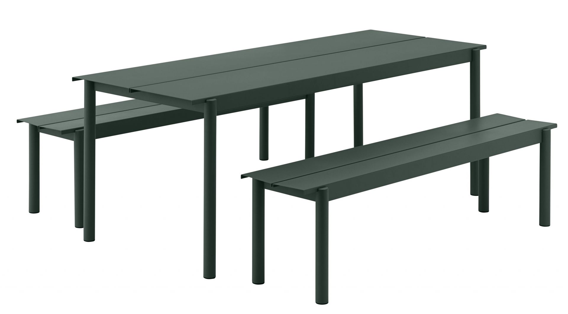 Linear Steel Outdoor Tischgruppe in Grau mit Tisch und zwei Bänken für den Garten.