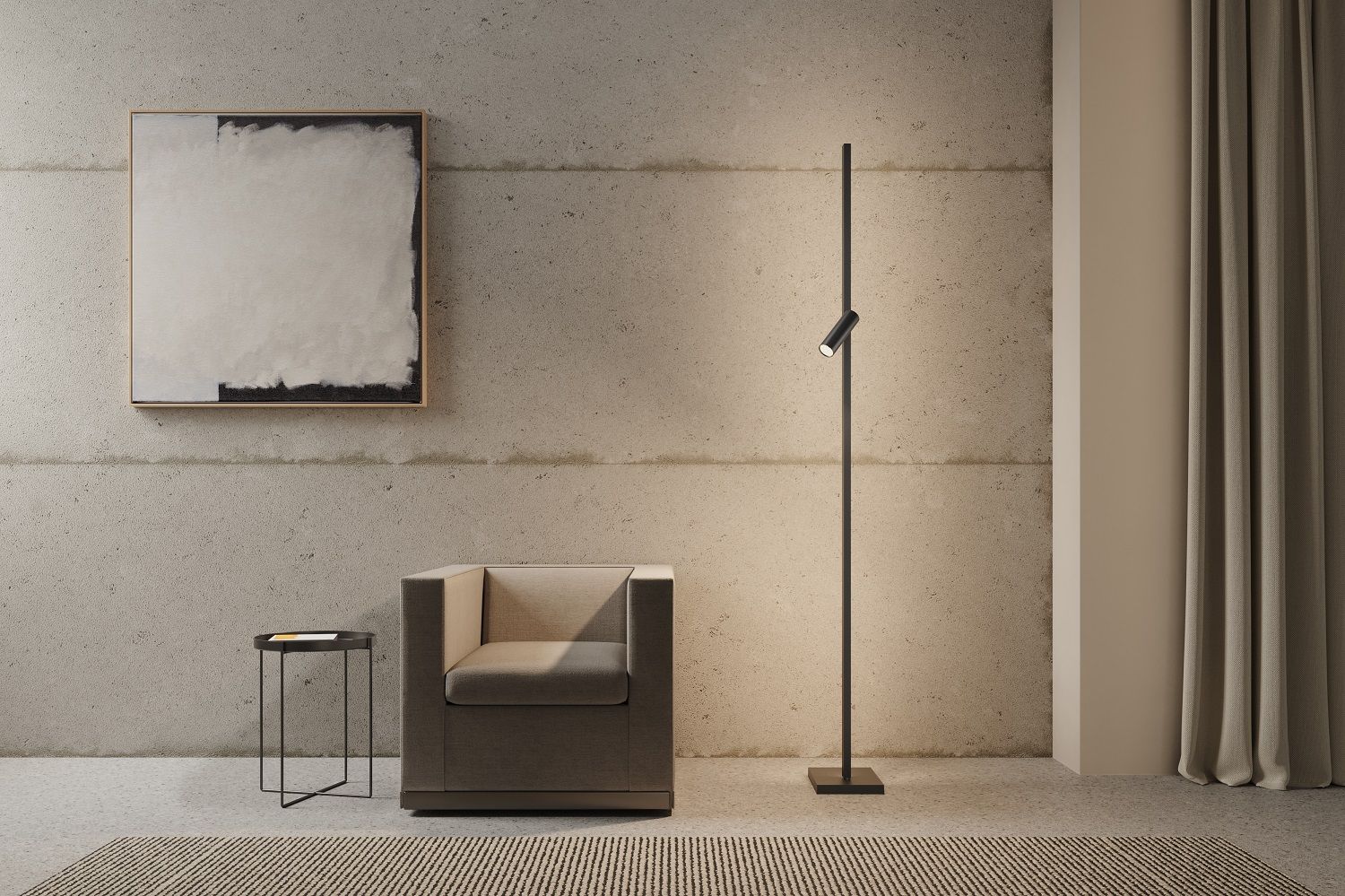 Zen X Floor Lamp Stehleuchte neben Sessel und Beistelltisch in modernem Wohnzimmer mit Kunstwerk.
