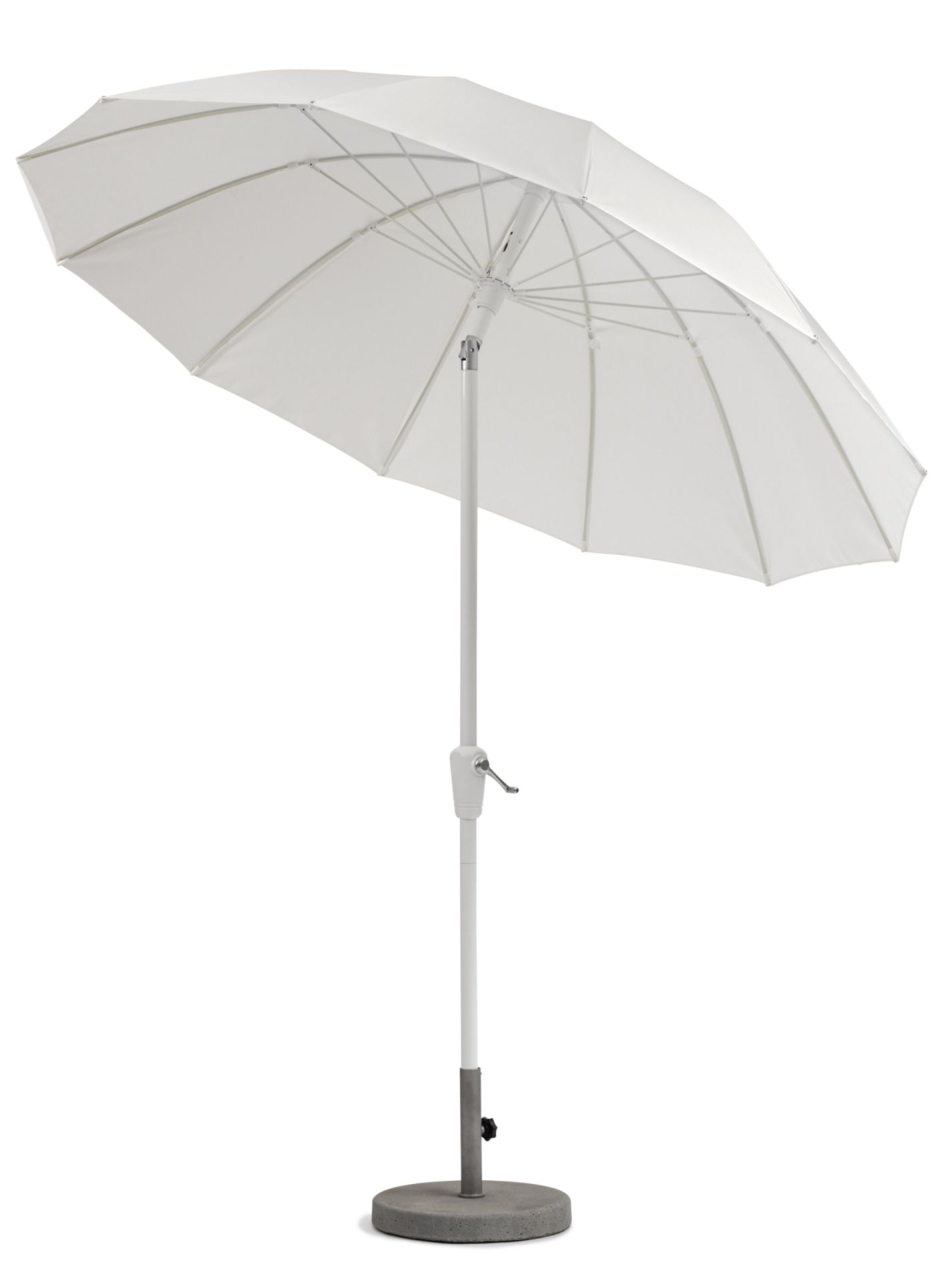 Weishäupl Pagodenschirm, ein weißer Sonnenschirm mit Betonsockel für den Garten oder die Terrasse.