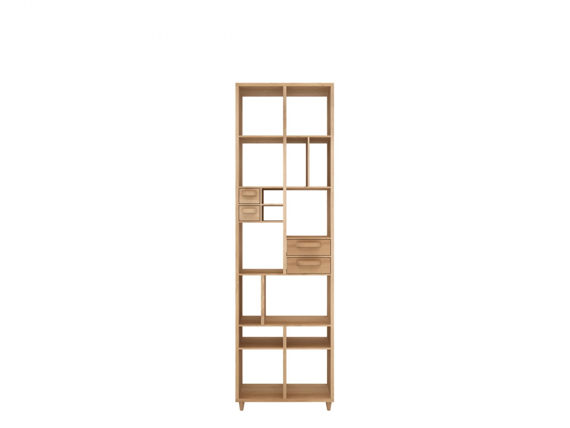Ethnicraft Pirouette Bücherregal aus Eiche mit Fächern und Schubladen, modernes Design für Wohnzimmer.