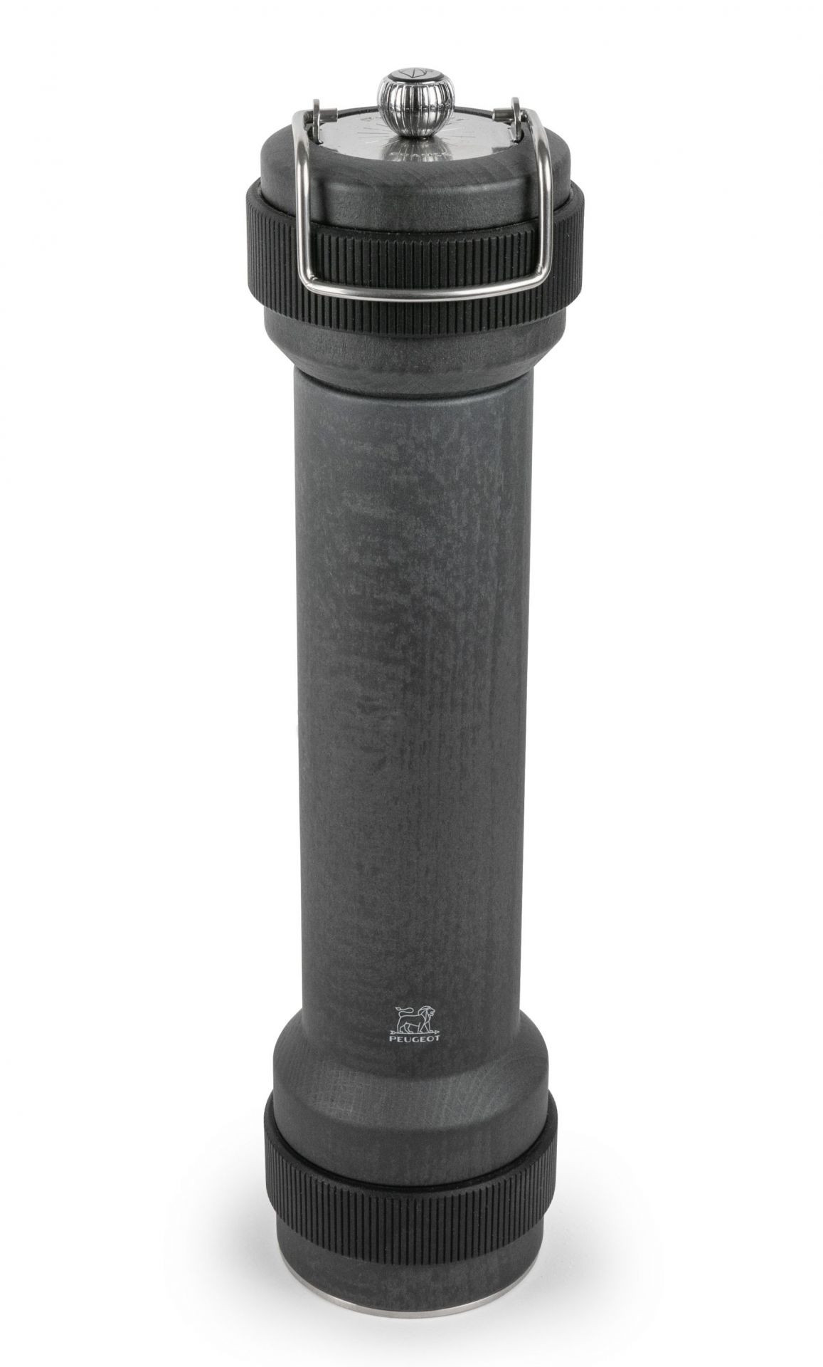 Graphitfarbene Peugeot BBQ Pfeffermühle, manuelle Bedienung, ideal für Outdoor-Barbecue, 30 cm hoch.