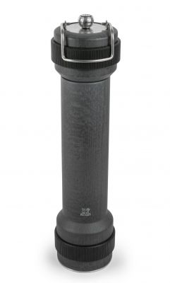 Graphitfarbene Peugeot BBQ Pfeffermühle, manuelle Bedienung, ideal für Outdoor-Barbecue, 30 cm hoch.