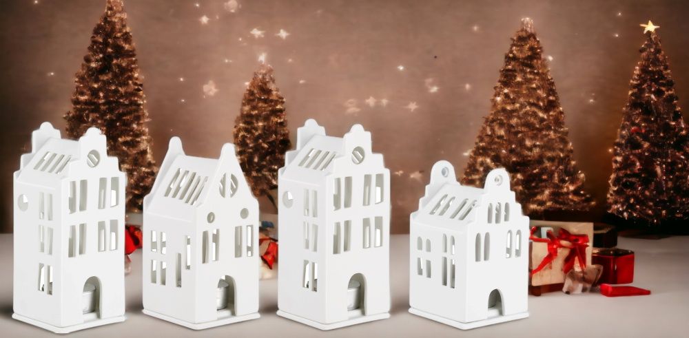 Zuhause Lichthaus 4er-Set Grachtenräder vor Weihnachtsdeko, weiße Keramik Windlichter im skandinavischen Stil.