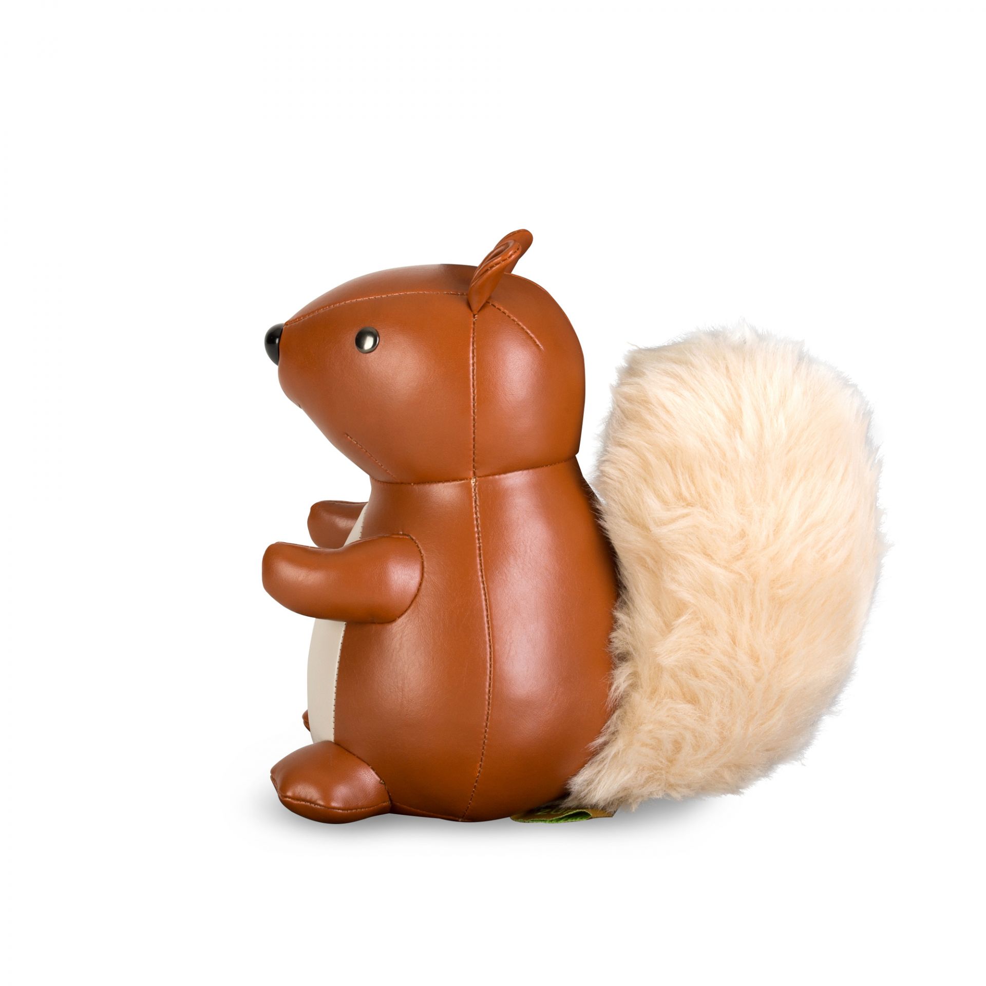 Buchstütze Eichhörnchen aus Kunstleder in Braun und Weiß mit buschigem Schwanz, Züny Design.