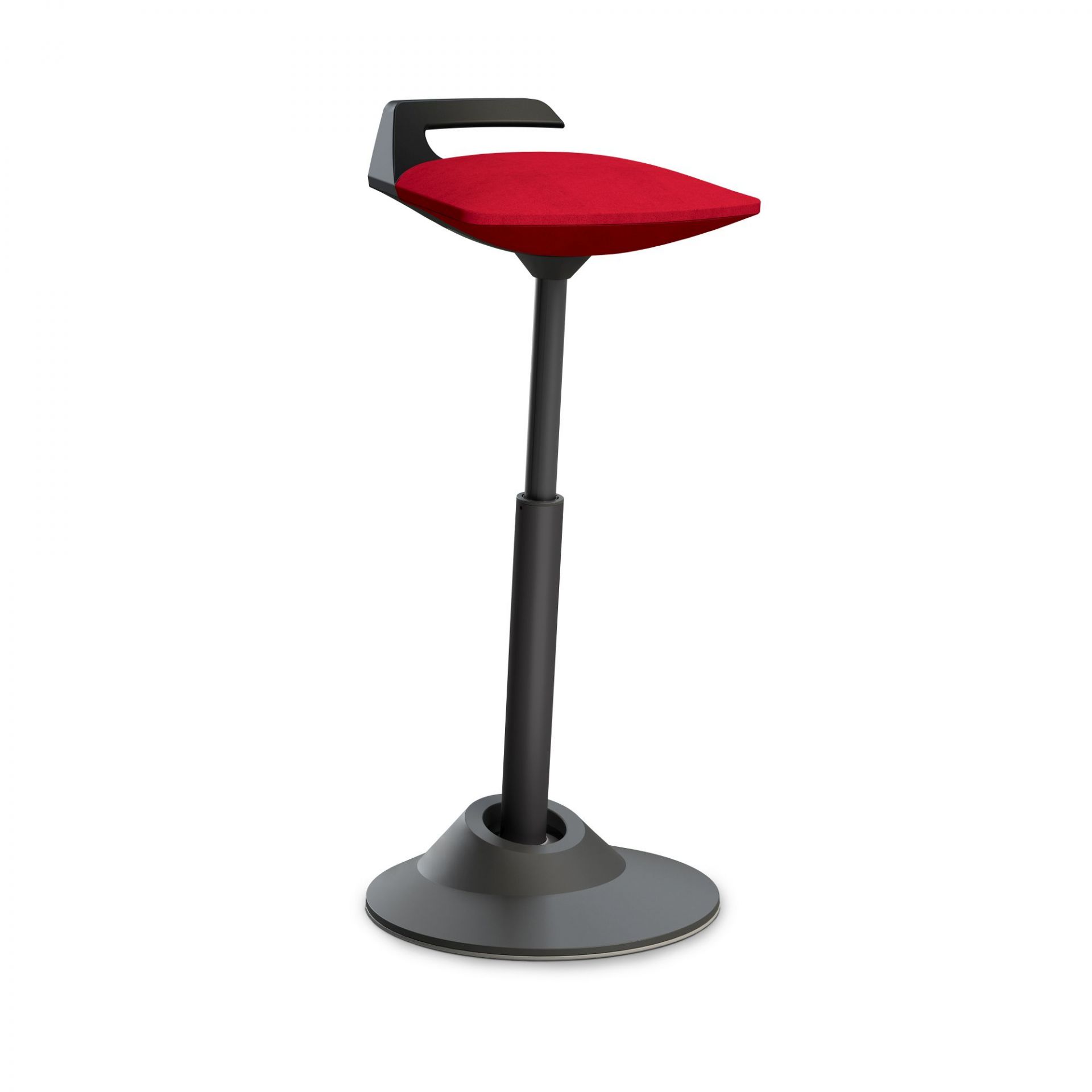 Ergonomischer Stehhocker mit rotem Sitz und schwarzem Fuß für dynamisches Sitzen im Büro.