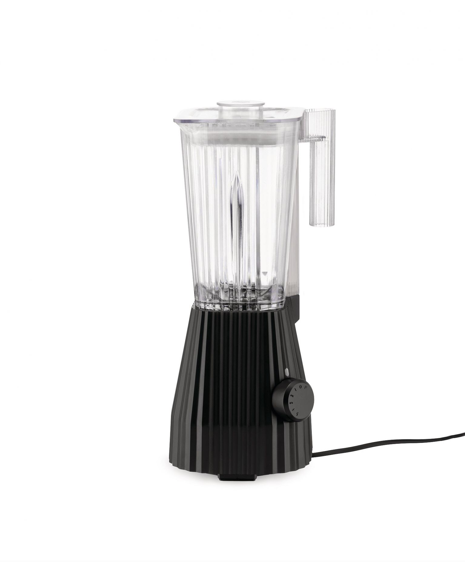 Alessi Plissé Mixer MDL09 G in Grau: Detailaufnahme des Küchenmixers mit geriffeltem Design.