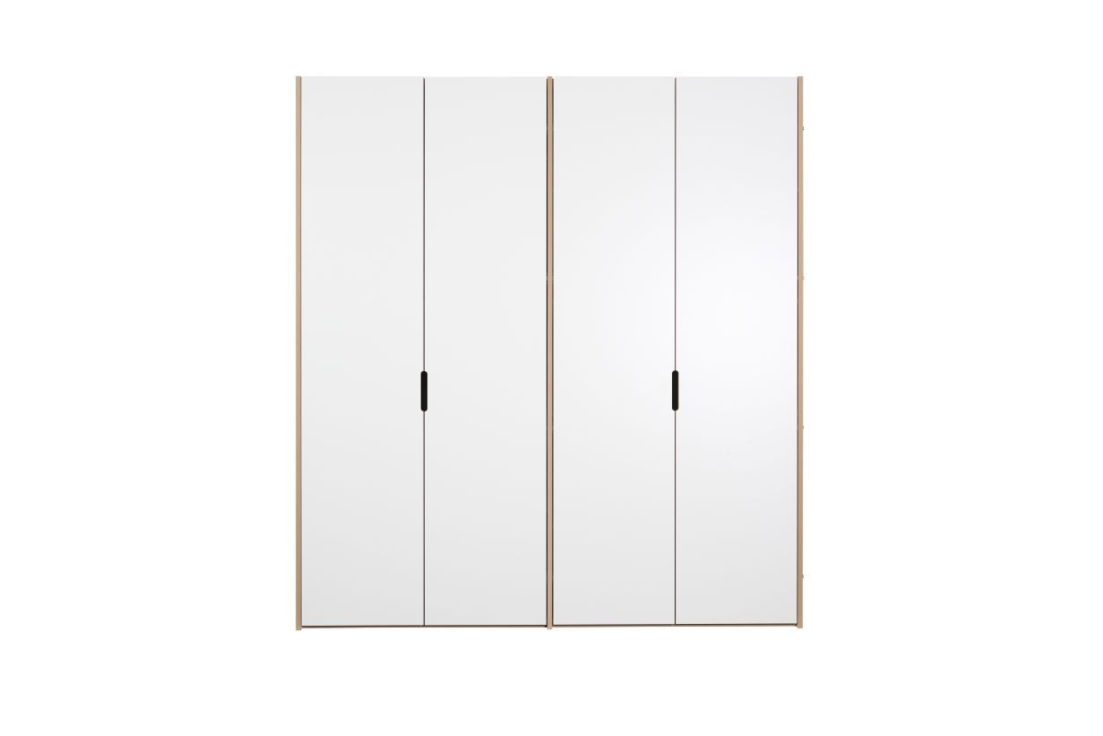 Tojo-Schrank Anbaumodul: Weißer Kleiderschrank mit vier Türen und schmalen, schwarzen Griffen für Schlafzimmer.