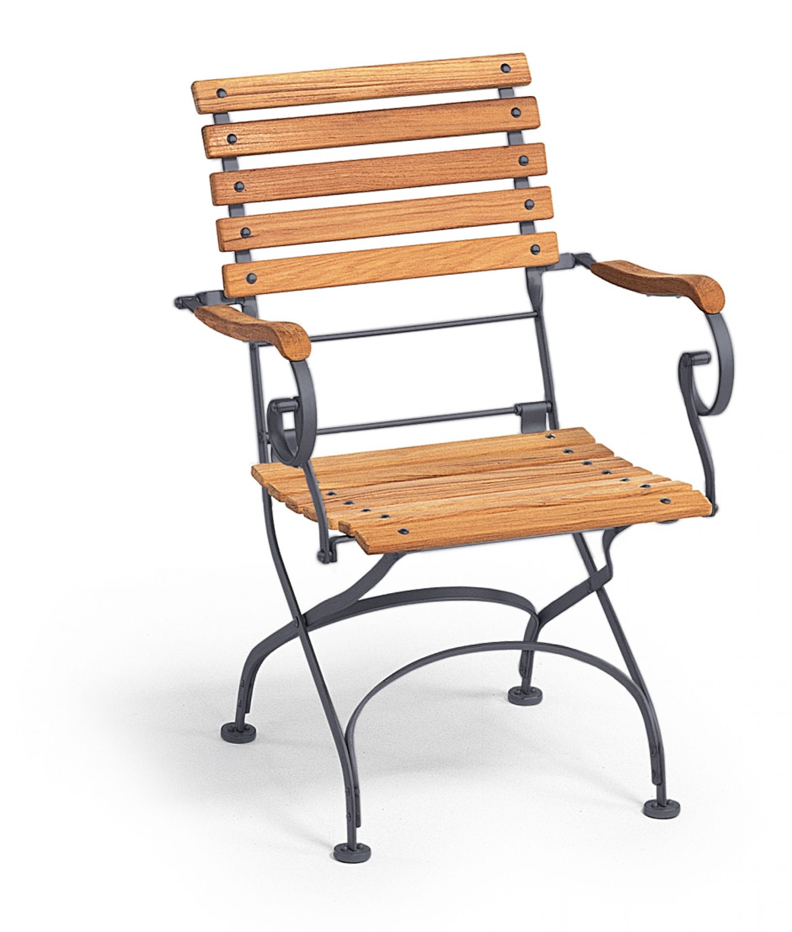 Weishäupl Classic Armchair Sessel, klappbar, graphitgraues Metallgestell, Holzlatten, Gartenmöbel für Terrasse und Balkon.