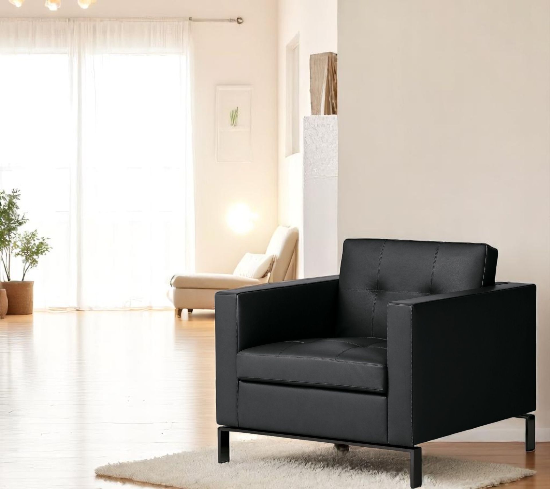 Schwarzer 502 Foster Sessel von Walter Knoll im modernen Wohnzimmer mit Tageslicht und Teppich.