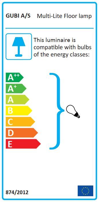 Energieeffizienzlabel für Gubi Multi-Lite Stehleuchte, kompatibel mit Leuchtmitteln der Klassen A++ bis E.