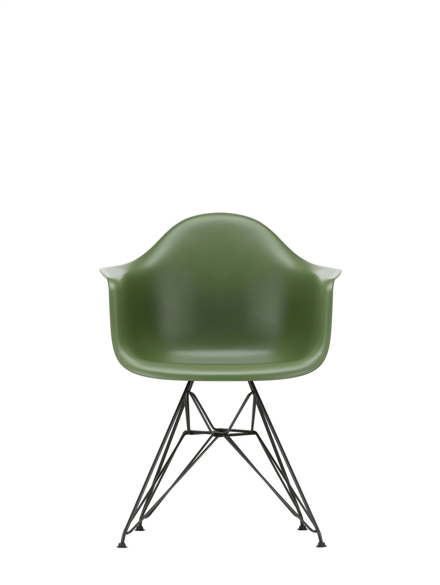 Eames Plastic Arm Chair DAR Stuhl von Vitra in Olivgrün mit schwarzem Eiffelturm-Gestell.