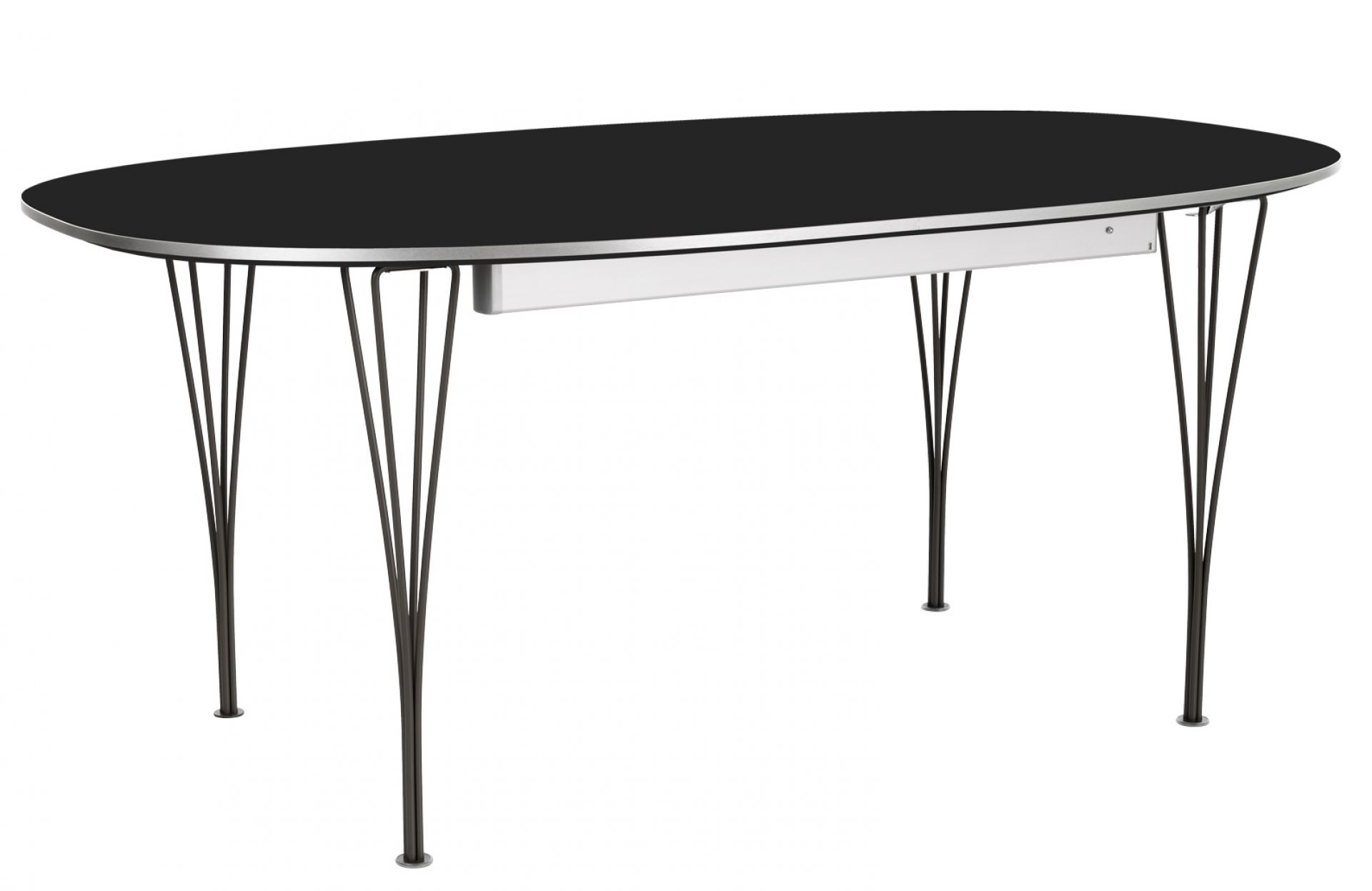 Schwarzer Super Elliptisch Ausziehtisch von Fritz Hansen mit Drahtgestell und ovaler Tischplatte.