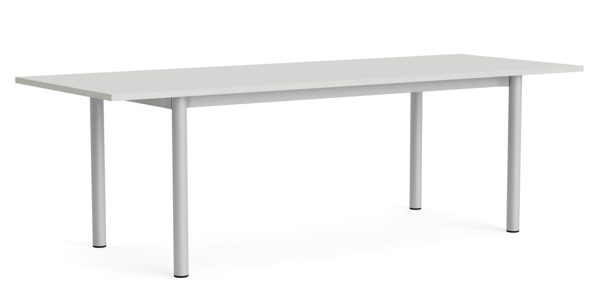 Annex Table Overhang Esstisch von Hay mit rechteckiger, weißer Tischplatte und vier zylindrischen, silbernen Beinen.