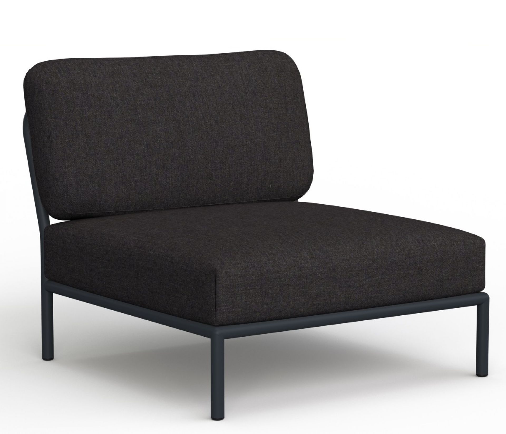 Houe Level Lounge Sessel für den Außenbereich, modernes Design mit anthrazitfarbenem Stoffbezug und Stahlrahmen.