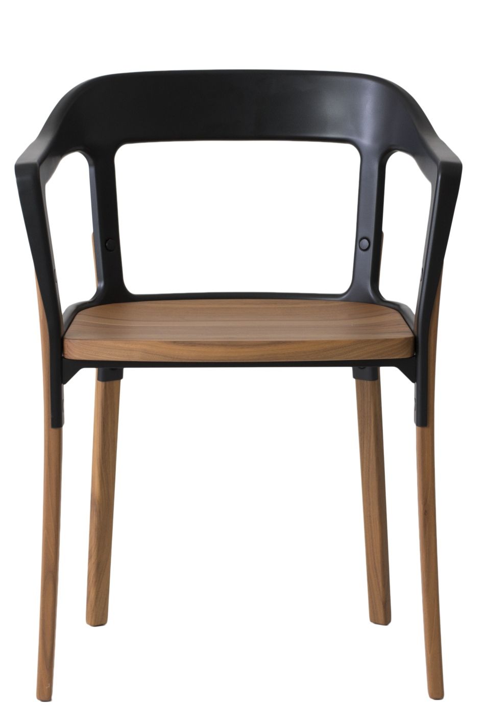 Magis Steelwood Chair Stuhl: Moderner Holzstuhl mit schwarzer Rückenlehne und Armlehne für Esszimmer und Wohnbereich.