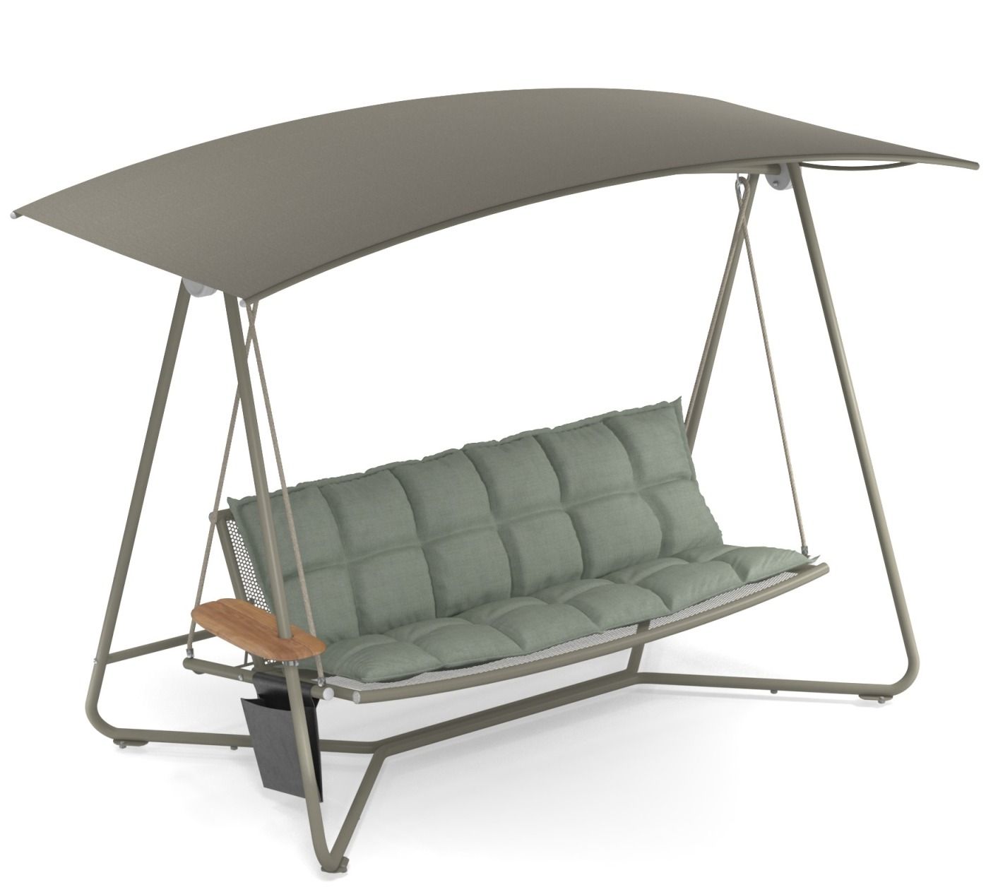 Reel Rocking Sofa Schaukelsofa Outdoor Emu mit grauen Polstern und Sonnendach für den Garten.
