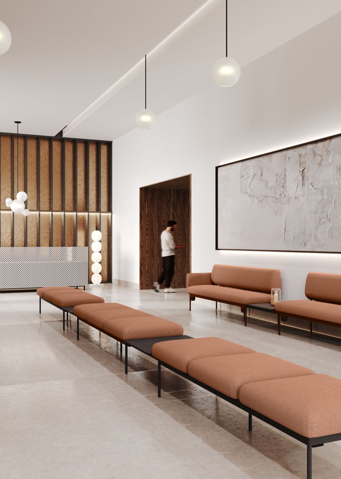 fora_care FC S 300 Bank Bejot, modulare Sitzbank in Terrakotta für Wartebereiche und moderne Büros.