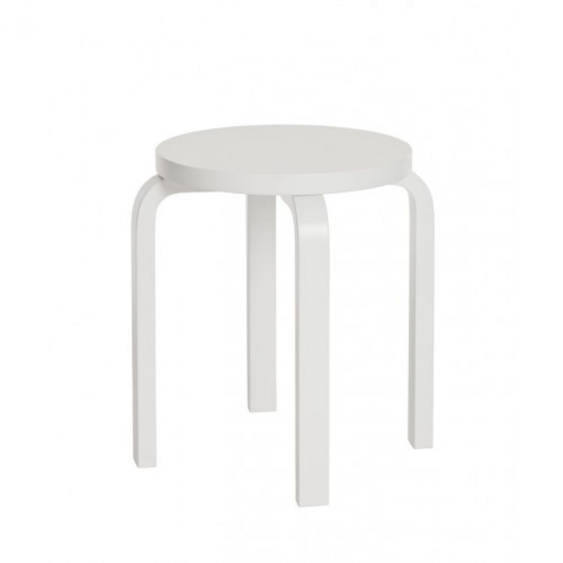 Weißer Artek Hocker E60 mit runder Sitzfläche und vier Beinen aus gebogenem Holz.